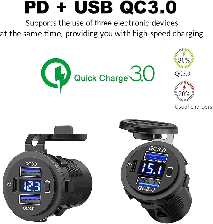 Zennova [5 Pack] 12v USB Outlet, Dual USB Quick Charge 3.0 Port and PD USB C Car Charger Socket Waterproof with Voltmeter and Power Switch for Car Golf Cart Boat Marine Bus Truck RV Marine Motorcycle