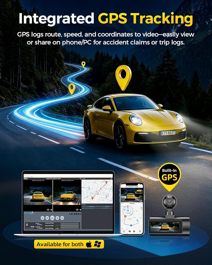 GKU 4K Dual Dash Cam Front and Rear, STARVIS 2 Sensor, 5.8GHz WiFi6 Up to 20MB/s, Voice Control, Dash Camera with GPS, WDR Night Vision, 24H Parking Mode, Loop Recording(No SD Card)