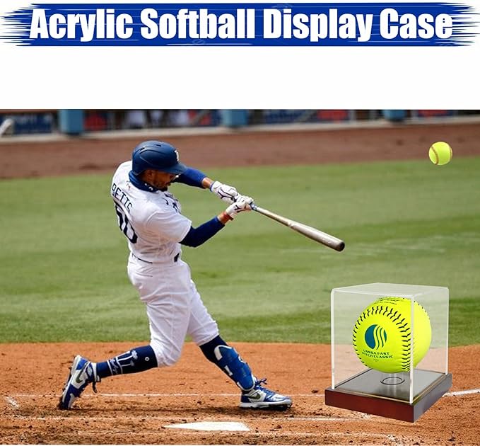 Softball Display Case,Clear Acrylic Ball Display Holder for 12 inch Softball,UV Protected Cube with Wood Base Stand for Tennis Ball Baseball Golf Ball,Championship Sport Collection Box Showcase