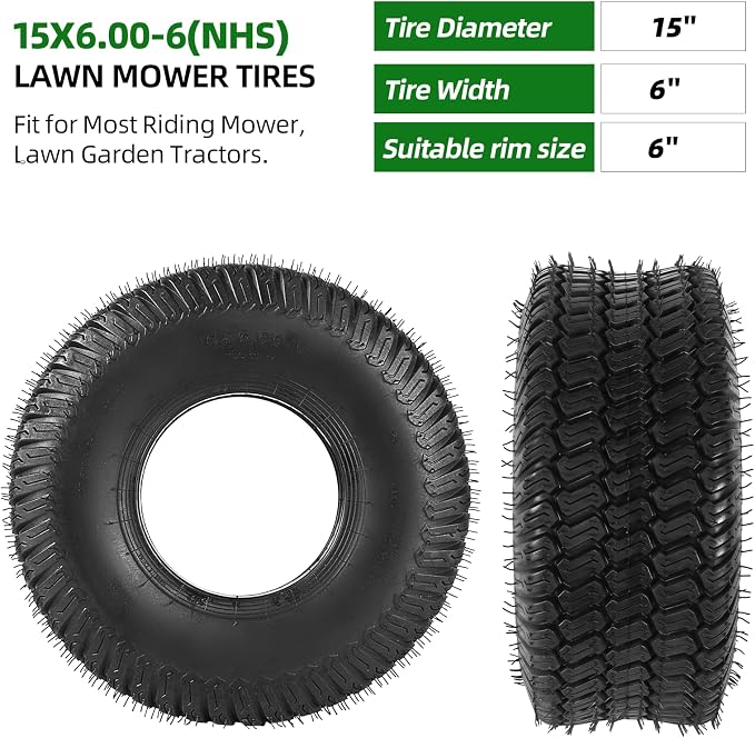 AR-PRO (2-Pack) 15x6.00-6 Lawn Mower Tires, Replacement 4 Ply Front Lawn Mower Tire Tubeless, 570lbs Load Capacity, Fit for Most Riding Mower, Lawn Garden Tractors