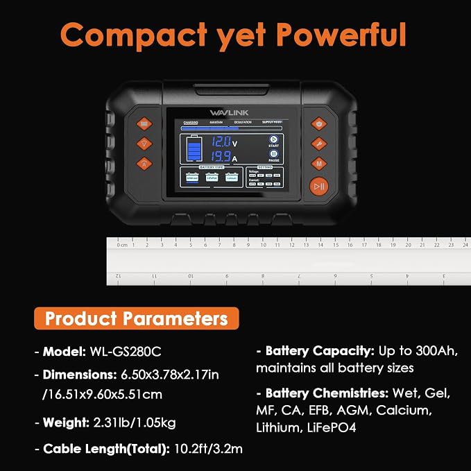 WAVLINK 280W Smart Battery Charger, Max. 20A Trickle Charger with LCD Display, for 6V/12V/24V Lead-Acid/Lithium/LiFePO4 Batteries, Battery Maintainer and Desulfurizer for Cars,Boats, Motorcycles