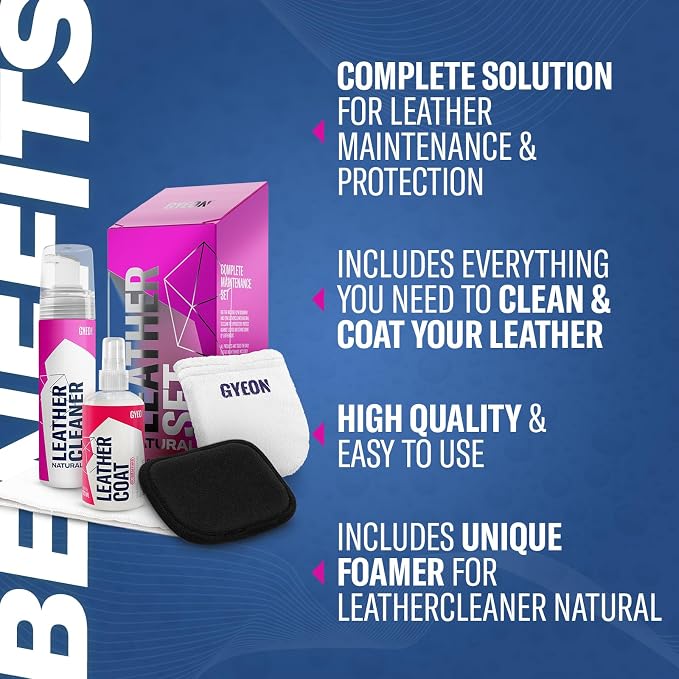 Gyeon LeatherSet Natural automotive leather cleaning coating kit pre‑cleaner plus leather sealant protection Liquid for car seats interiors hydrophobic ceramic sheen prep & maintain, Interior Use