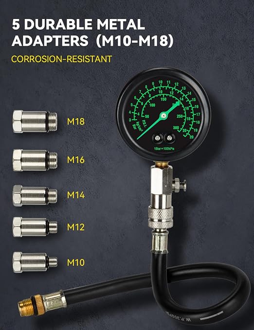 AUTOWN Professional Compression Tester Kit with Fluorescent Gauge – 300 PSI Triple-Scale, 2 Spark Plug Testers, 13-Piece Set for Car, Truck, ATV & Small Gas Engines