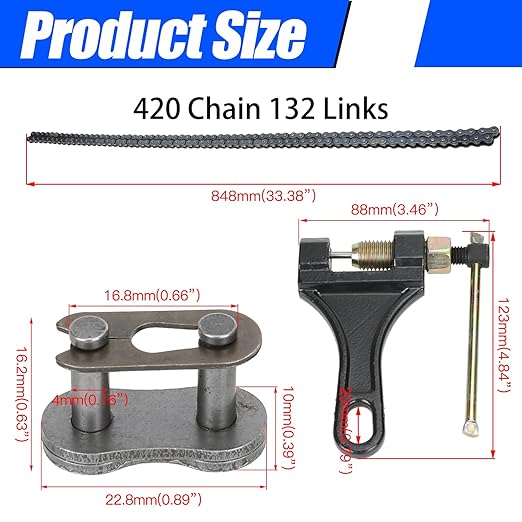 YOXUFA 420 Motorcycle Chain 132 Links for Pit Dirt Bike 50cc 70 90 110 125cc SSR TaoTao Coolster Apollo Baja Kazuma ATV 212cc Mini Bike Go Kart 4 Wheeler Quad Powersports Parts W/Chain Breaker