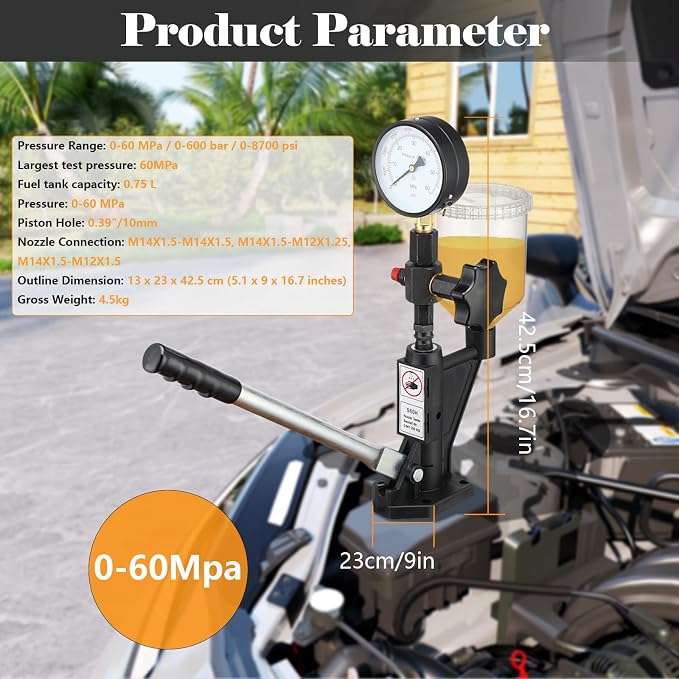 600Bar Diesel Injector Tester 8700PSI Diesel Fuel Injector Nozzle Tester with Dual Scale Gauge to Adjust Injector Nozzle Pressure and Testing Diesel Injector Nozzle Pop Pressure Tester