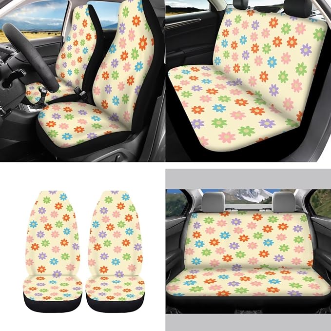 Aesthetic Car Accessories,Boho Flower Car Seat Covers Full Set for Women Lady Vehicle Interior Decor Set,Rainbow Groovy Flower Cute Steering Wheel Cover+Seatbelt+Hippie Vehicle Cup Mat+Keyring