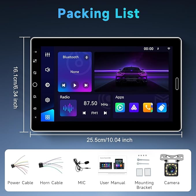 Single Din Car Stereo with Wireless Carplay Android Auto, 10.1-Inch Rotation Touch Screen with Bluetooth, FM AM RDS Radio, GPS, Mirror Link, SWC, EQ, Dual USB, AUX + Camera+MIC