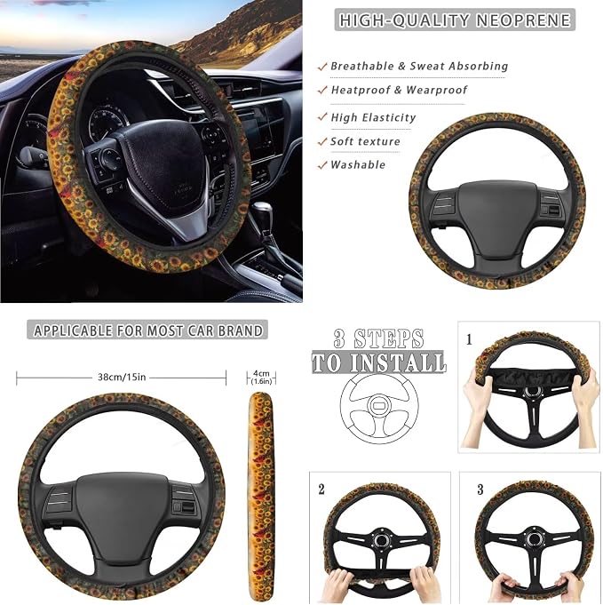 Suobstales Cardinal Sunflower Print Car Accessories Seat Covers for Cars for Women Full Set with Steering Wheel Cover + Seat Belt Covers Shoulder Pads + Coasters + Keychains Interior Cover Set of 11