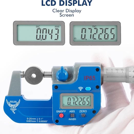 PEC Tools Bluetooth Absolute Digital Micrometer 0-1"/25mm, IP65 Oil & Splashproof, Bluetooth High Accuracy Measuring Tool with LCD Display with Inch/Metric Conversion