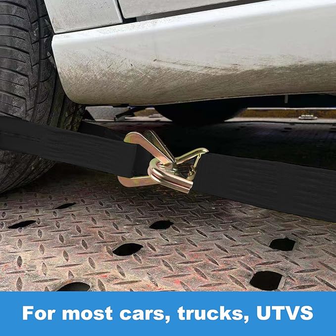 YAYODS 4 Pack Car Tie Down Straps for Trailers with J Hooks, 2" x 10' Heavy Duty Ratchet Straps with 2" x 36'' Axle Straps, 10,000lbs Break Strength Truck Strap for Car, Truck, UTV Transport, Black