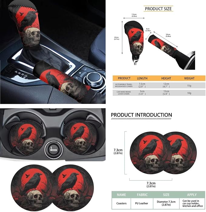 Crow Skull Print Car Seat Covers Front and Back Full Set with Headrest Covers Steering Wheel Cover Safety Belt Pads Armrest Cushion Cup Coasters for SUV Truck Sedan, Easy to Install