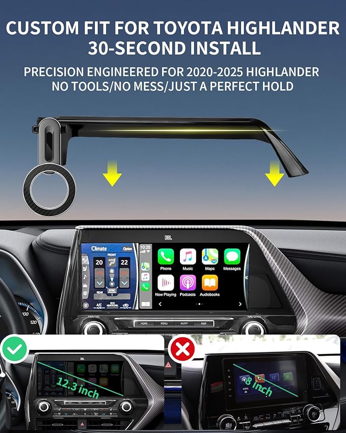 For Toyota Highlander 2020-2025 Interior Accessories,Custom Fit Phone Holder&Magsafe Car Mount,Dual 360°Adjustable,Dual N52 Magnets,Secure&Silent,No Vent Blocking,for iPhone Android,12.3-inch Screen