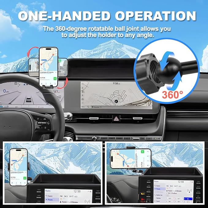 Car Phone Holder Compatible with Hyundai Ioniq 5 2022-2025 Accessories 12.3-Inch Screen Fixed Clip, Cell Phone Mount with Dash Tray Center Console Organizer Hands-Free 360° Rotation
