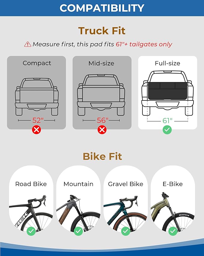 Marscamd Tailgate Bike Pad for Full-Size Pickup Truck (61"+ Tailgate Width), Holds Up to 6 Bikes, Thick Tailgate Cover with Storage Pocket, Black