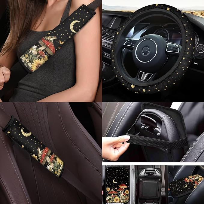 Mushrooms Car Seat Covers Full Set 17 Pack for Women Star Moon Mushrooms Car Accessories Set with Car Mats Full Set Steering Wheel Auto Covers Seat Belt Cover Pad Lip Balm Keychain Holder