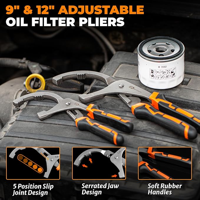 8-Piece Oil Filter Wrench Set | Adjustable Oil Filter Wrenches 2-3/4" to 5-1/4", 9" & 12" Universal Removal Tool, 1/2" to 3/8" Adapter, Storage Case