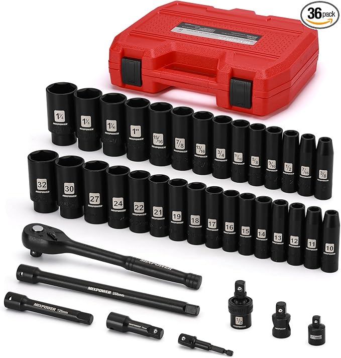 MIXPOWER 38-Piece 1/2-Inch Drive Deep Impact Socket Master Set with 10-inch Quick-release Ratchet Handle & Accessories, 3/8" - 1-1/4", 10-32MM, Deep, SAE&Metric, CR-V Steel