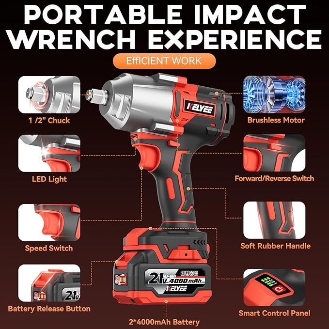 Cordless Impact Wrench, 996Ft-lbs (1350N.m) 1/2" Impact Driver, 21V Brushless Impact Gun, High Torque Impact Wrench with 2x4.0Ah Battery, Power Motor Variable Speeds for Car/Pickup Truck/Mower