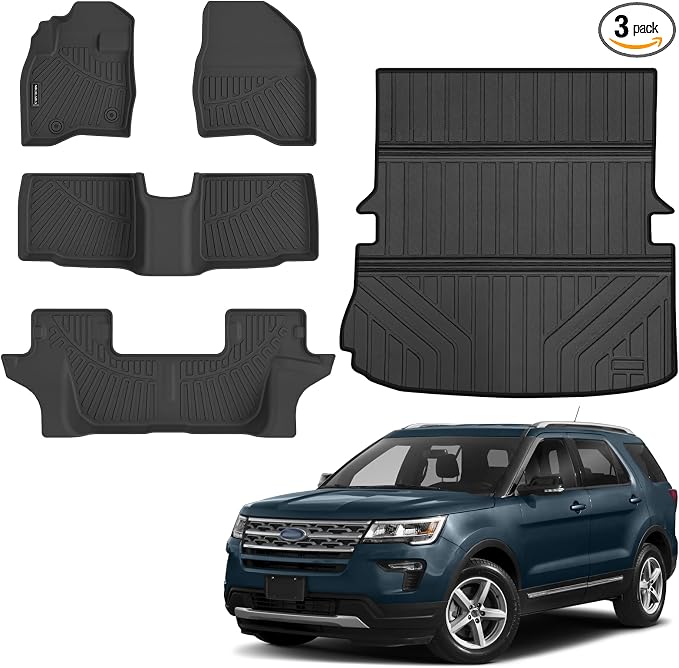 Floor Mats & Trunk Mat & Backrest Mat Custom Fit for 2015-2019 Ford Explorer 7 Seats Cargo Mat All Weather TPE Rubber Protection Waterproof Floor Liners 2015 Ford Explorer Accessories,Black
