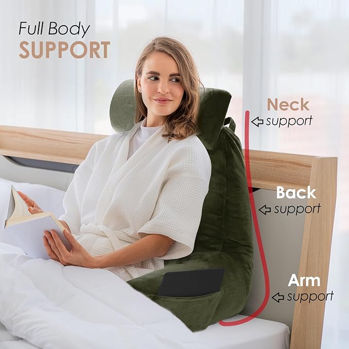 Nestl Reading Pillow with Shredded Memory Foam Includes 2 Neck and Lumber Support Pillows, Designed for Sitting Up in Bed and Couch, Back and Arms Adjustable Support for Adult & Teens, Olive Green