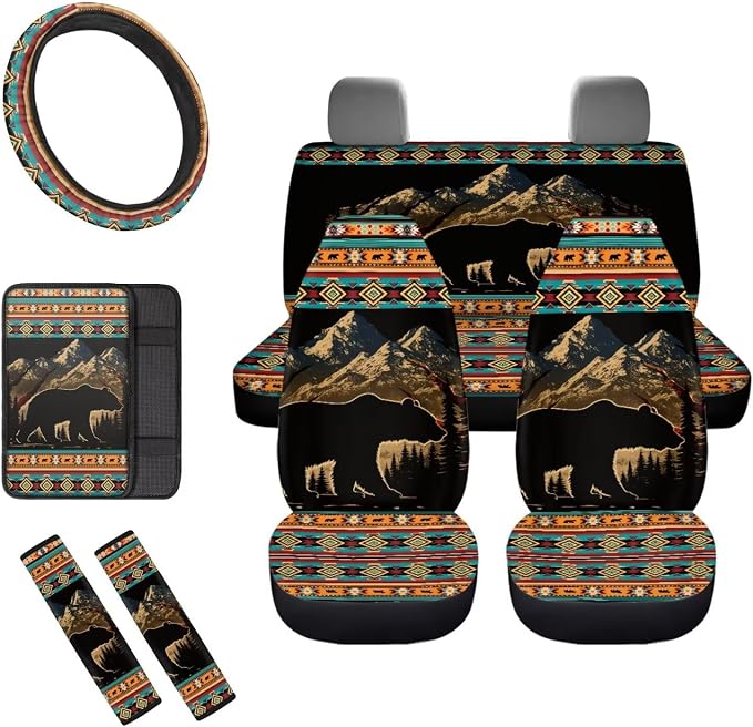 8 Pcs Brown Aztec Bear Car Seat Covers Full Set Car Accessories for Women Front Seat Cover Steering Wheel Armrest Cover Seat Belt Cover for Auto SUV Interior Decoration