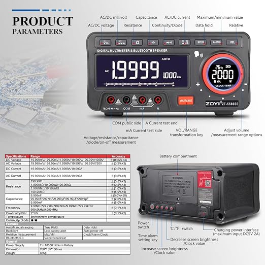ZOYI Bluetooth Speaker Multimeter with Voice Broadcast, Time and Alarm, Auto-ranging Multimeter(19999) with True RMS, AC/DC V/A, Capacitance, Resistance, Diodes, Continuity, Frequency, Temperature