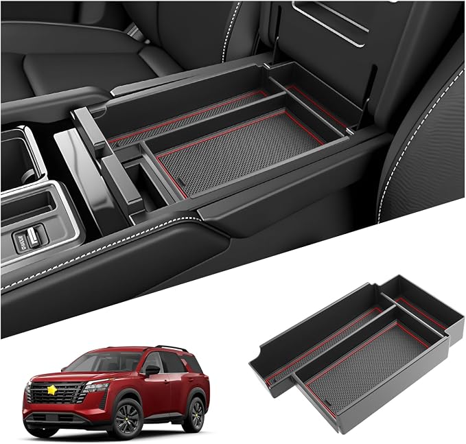 SKTU 2026 Pathfinder Center Console Organizer for 2026+ Nissan Pathfinder (SV/SL/Rock Creek/Platinum) Console Tray Nissan Pathfinder 2026 Accessories ABS Insert Armrest Storage Box (Red)