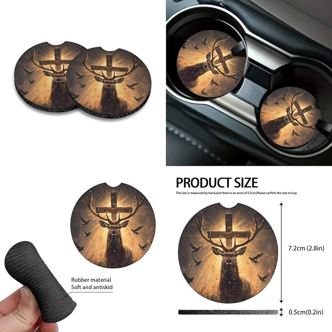 Deer Cross Dove Pattern Auto Seat Covers Full Set 10pcs Accessories for Auto Steering Wheel Cover Cup Coasters Keychain Car Trash Can Air Vent Storage Pounch for Women Men