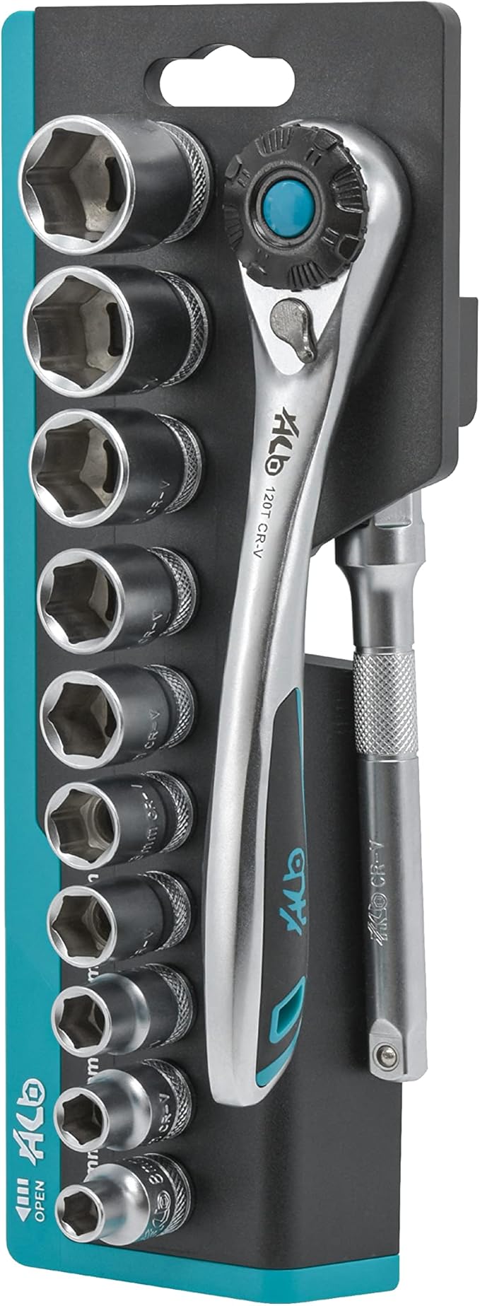 HB 13-Piece 3/8" Drive Socket Set AKM021-U | 120-Tooth Ratchet Handle 3° Arc Swing Offset Quick Release Disc Function | Chrome Vanadium Steel Micro-Chrome Finish | Portable Rack Made in Taiwan