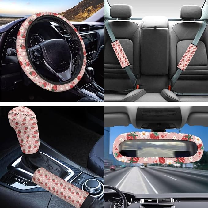 Strawberry Car Accessory for Women,Pink Strawberry Car Seat Cover with Daisy Flower,Universal Fit Cute Steering Wheel/Seatbelt/Keychain/Gear Shift Knob Handbreak Cover/Mirror Cover Set of 14