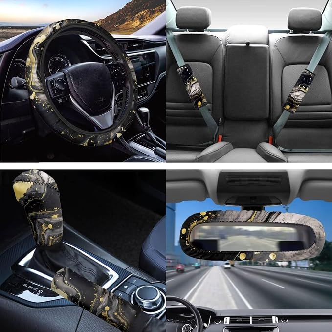 Black Marble Car Seat Covers Full Set for Women Men+Universal Fit Marble Style Automotive Interior Accessory Decoration with Steering Wheel Cover+Keyring+Cup Mats+Rear View Mirror Cover