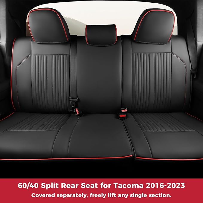 FREESOO Leather Car Seat Covers Fit for Toyota Tacoma 2016-2023 Full Coverage Seat Cover for Double/Crew Cab SR/SR5/Limited/TRD Pro/TRD Sport, Pickup Truck Seat Covers (5 Seats, BlackRed)