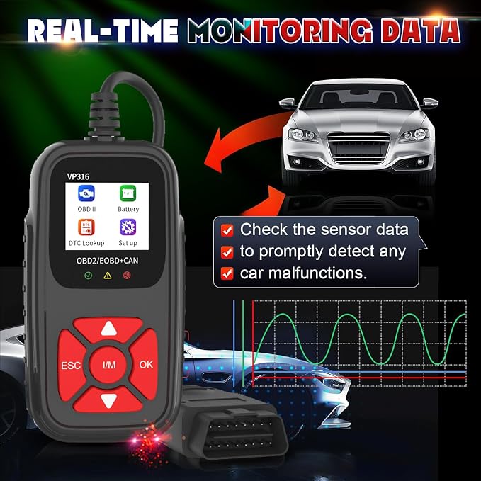 OBD2 Diagnostic Tool for All Vehicles from 1996 Onwards, Read & Solve Error Codes + Live Data Directly on the Display, Compatible with BMW, VW, Audi, Mercedes, CE Certified & Plug & Play