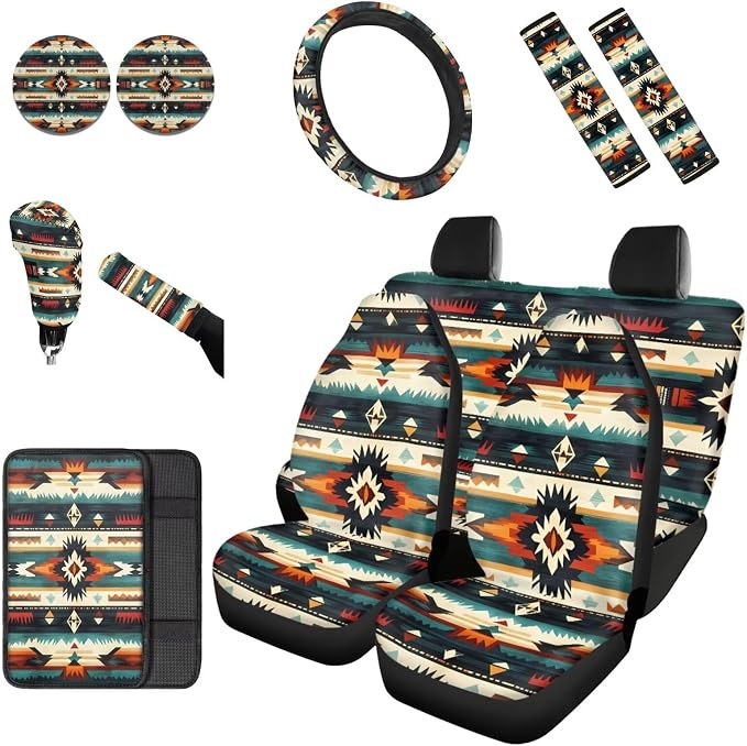 Dreaweet Aztec Car Seat Covers Full Set,Native American Geometric Car Deocr Set of 12,Universal Steering Wheel Cover with Center Console Cover,Cup Coasters,Seatbelt Covers,Gear Shift Handbrake Cover