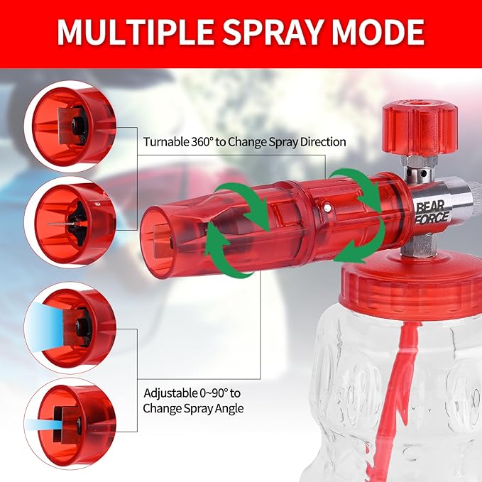 BEAR FORCE Foam Cannon Wide Mouth for Pressure Washer, Stainless Steel Heavy Duty Thick Snow Foam Lance, 360° Adjustable Soap Sprayer 1/4" Quick Connector, 1.10mm 1.25mm Orifice, 32oz Bottle, Car Wash