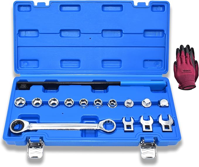 15pcs Universal Ratcheting Serpentine Belt Tool Set, Serpentine Belt Removal Installation Tensioner Kit with Ratcheting Wrench, Crowfoot Wrenches, Socket Adapters, 6-Point Sockets