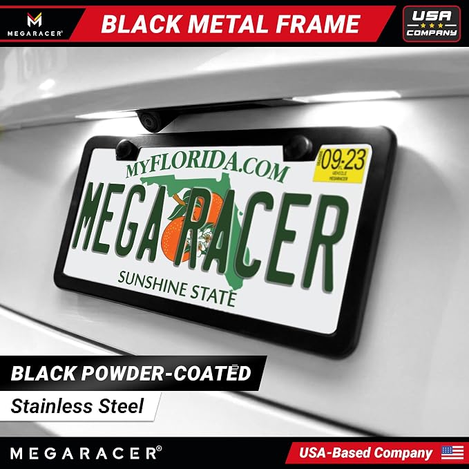 Powder-Coated Matte Black Thin License Plate Frame – 1 Piece, Car Wash Proof Stainless Steel, Rust-Free, Rattle-Free, Street Legal, Slim 2 Hole with Screw Caps, Gloss Metal Front or Rear Tag Holders