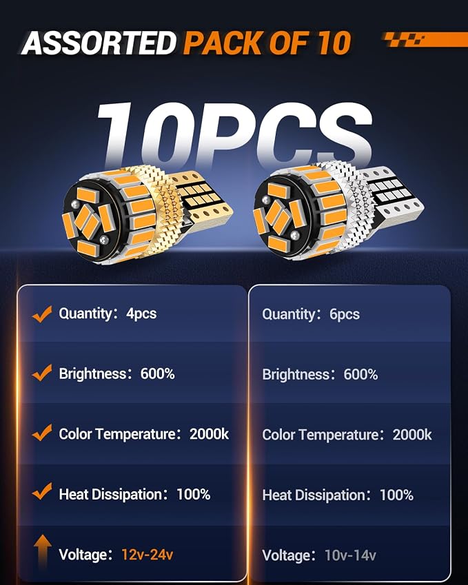 SEALIGHT 194 LED Bulb 2000K Amber 168 T10 2825 W5W 600% Brightness Wedge Interior Car Bulbs Replacement for License Plate Lights Dome Map Door Courtesy Trunk Parking, 10 PCS