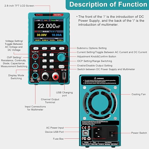 Kiprim 2-in-1 Programmable Power Supply and Multimeter (0-30 V 0-10 A) DC310Pro with Data Memory,High Precision,OCP,OVP, PC Software and USB Charging