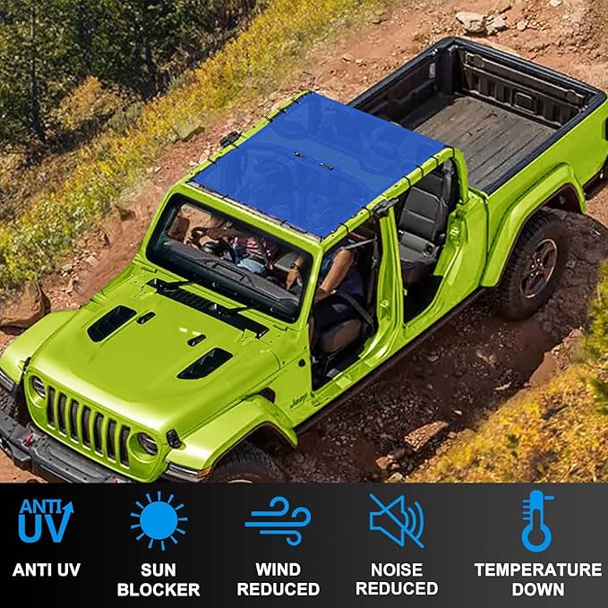 JT Top Sun Shade Roof Compatible with Jeep Gladiator 4 Door 2018 to 2023 Sunshade Sunroof Bikini Cover Blocks UV Wind Noise Blue Mesh for Full Length