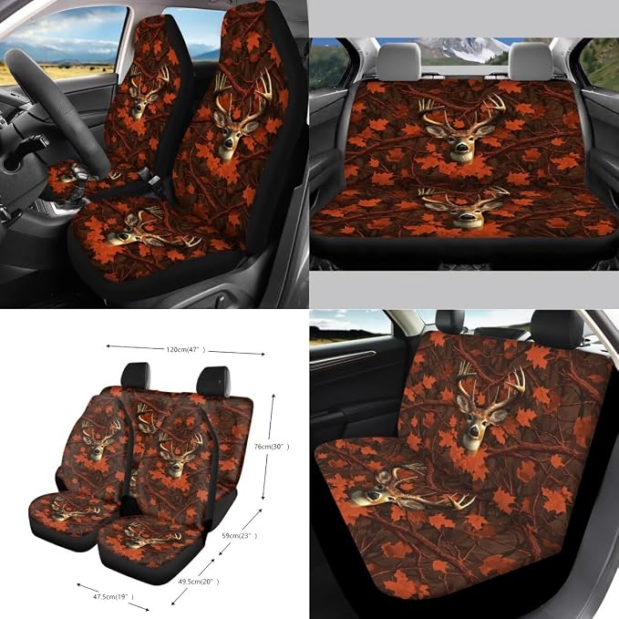 Camo Hunting Deer Print Universal Fit Car Seat Cover Set Steering Wheel Covers Seatbelt Strap Pad Trash Cans Air Vent Storage Bag Rearview Mirror Cover Cup Holder Keychain, 15 PCS