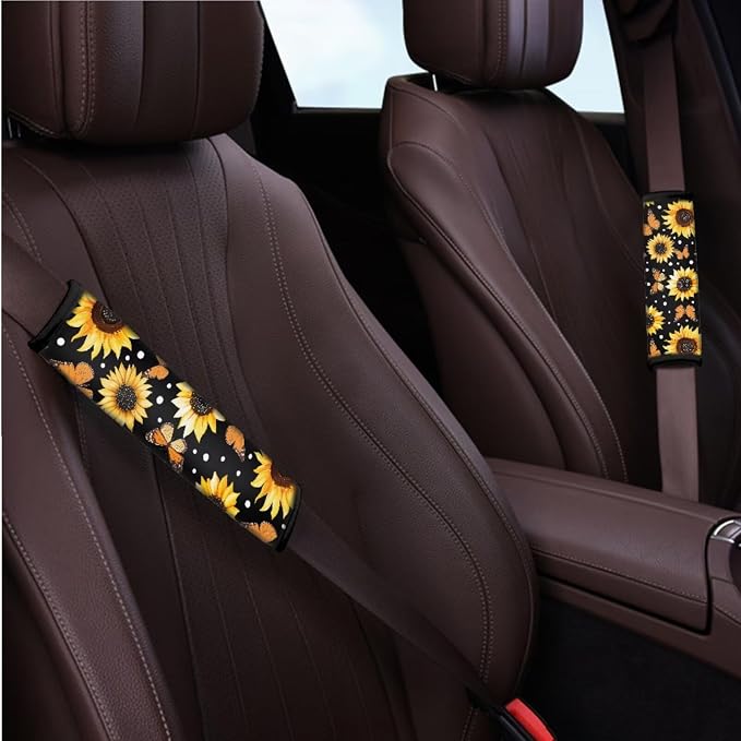 BIGCARJOB 12 Pcs Car Seat Covers Full Set Sunflower Print Cars Interior Accessories Auto Seat Protector Set Butterfly Print Armrest Cushion,Seat Belt Pads,Steering Wheel Covers