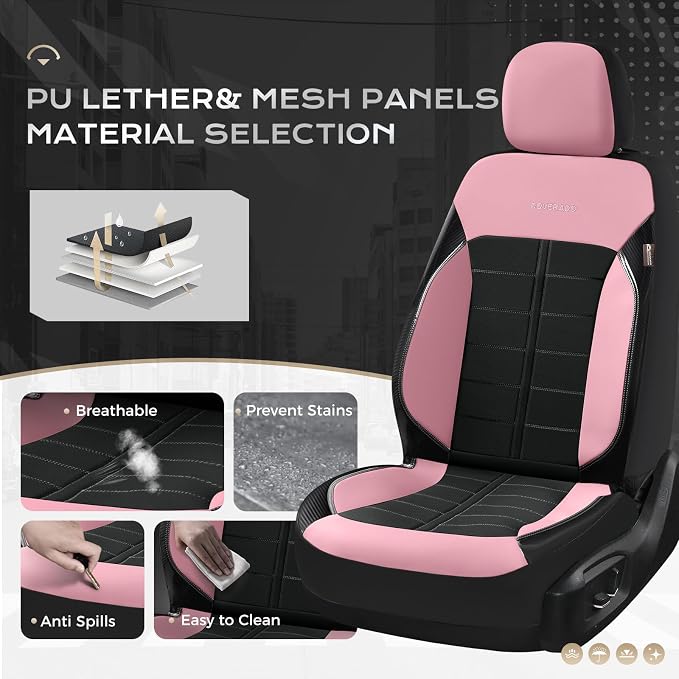 Coverado Car Seat Covers Front Seats Luxury Faux Leather Waterproof Seat Covers Car Seat Protector Automotive Seat Covers Cushion Universal Fit for Most Cars SUV Trucks, Pink&Black
