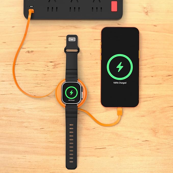 2-in-1 Retractable Cable with Wireless Charger-Orange