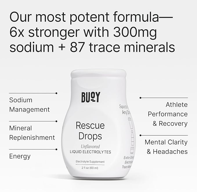 Buoy Rescue Electrolyte Drops - High-Sodium, 6X Stronger Liquid Electrolyte with 87 Trace Minerals for Intense Depletion and Rapid Recovery - Unflavored - Sugar Free - No Sweeteners - 60 Servings