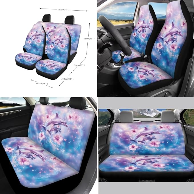 Suobstales Dolphin Hibiscus Print Car Seat Covers Front Back Split Bench Protector for SUV Truck Van, 15 Inch Steering Wheel Covers, Seat Belt Covers, Coasters, Keychain Auto Decor for Women Men