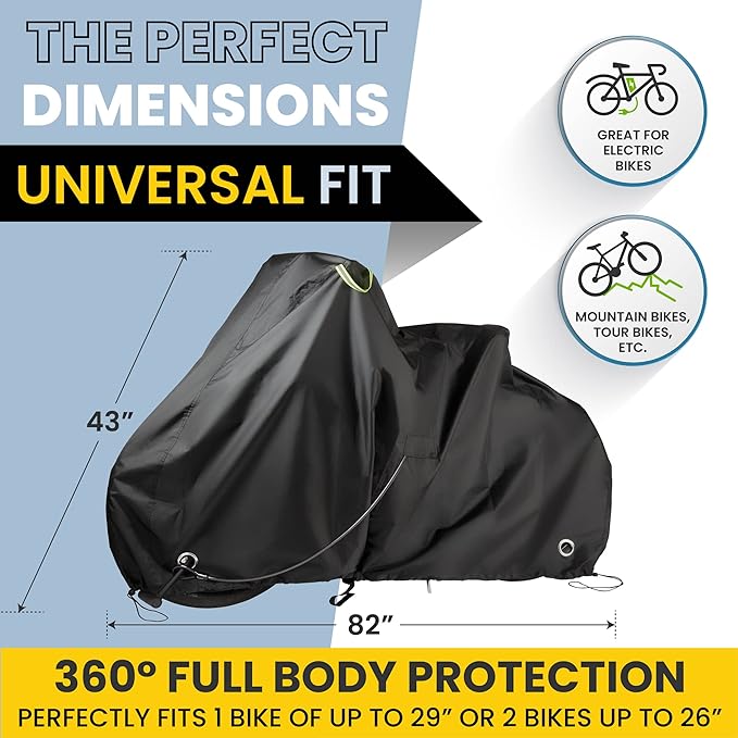 Waterproof Bicycle Cover for Outdoor Storage - Fits 1 or 2 Mountain, Road, Electric Bikes - Anti Theft Lock Holes for Frame Body & Wheels - Premium Heavy Duty Ripstop Fabric. For Rain or Snow.