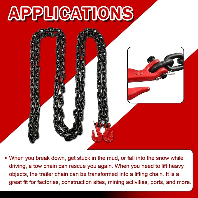 Heavy Duty G80 Transport Binder Chain 3/8'' Inch x 20 Feet,Tow Chain with G70 Clevis Grab Hooks,7100 lbs Safe Working Load Logging for Transporting, Towing(3/8'' x 20FT Black).
