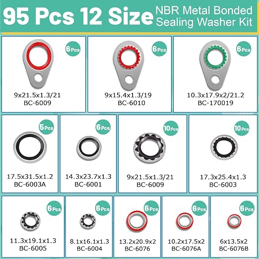 XBVV 95 PCS 12 Sizes Premium A/C Conditioning System Compressor Gasket Seal, Automotive Air Conditioning Compressor Port Seal Gasket Kit Bonded Gasket Seal Assortment Set