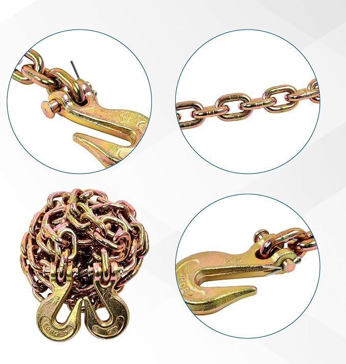 3/8 Inch x 10 Feet Transport Binder Chain G80 Safey Tow Chain with Grab Hooks 7100 Lbs Safe Work Load for Transporting Towing Tie Down Binding Equipment